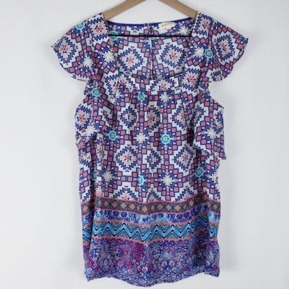 Anthropologie Meadow Rue‎ Flutter Sleeve Blouse Geometric Colorful Boho Print 6 - Picture 5 of 14